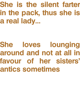 She is the silent farter in the pack, thus she is a real lady…  She loves lounging around and not at all in favour of her sisters’ antics sometimes